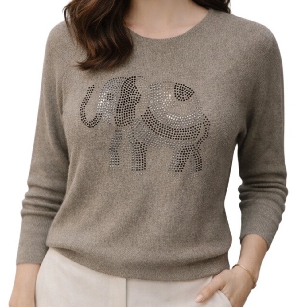 Rachel Zoe Elephant Rhinestone Cashmere Blend Crew Neck Sweater Size M Gray‎